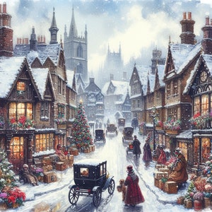 Può includere: Un'auto d'epoca percorre una strada innevata fiancheggiata da edifici affascinanti e ricoperti di neve. L'auto è nera con un tetto marrone scuro e ha un volante bianco. Gli edifici sono decorati con luci natalizie e ghirlande.