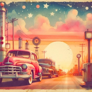 May include: A watercolour painting depicting a vintage roadside scene with classic cars, gas pumps, and a windmill. The sky transitions from pink to orange with stars, suggesting a sunset or sunrise. The cars are red and blue, evoking a nostalgic, retro aesthetic.