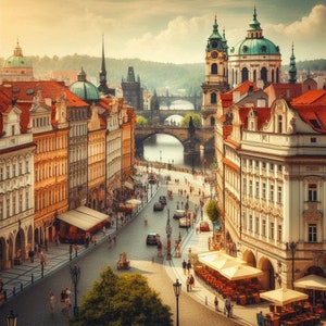 May include: A panoramic view of Prague, Czech Republic, with a bridge over the Vltava River and colourful buildings lining the riverbanks. The Charles Bridge is visible in the distance, with its iconic towers and statues. The buildings are a mix of architectural styles, including Baroque, Gothic, and Renaissance.