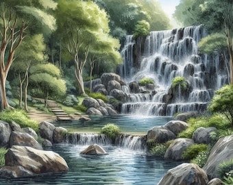 PDF Forest Waterfall Stitch Pattern, Rainforest Landscape, Forest Woodland, Nature Counted Cross Stitch, Instant Download Digital format