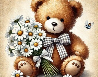 PDF Teddy Bear, Camomiles Flowers, Counted Cross Stitch Pattern, Kids Room Decor, Cozy Room, Children Toys, Digital Chart, Instant Download
