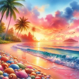 PDF Sunrise, Beach waves, Palms, Counted Cross Stitch Pattern, Seascape, Digital Cross Stitch Chart, Seascape PDF, Cross Stitch Pattern
