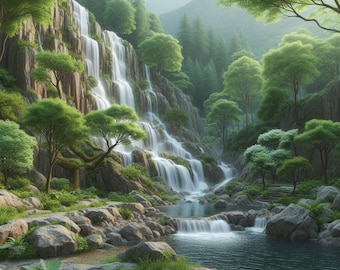 PDF Forest Waterfall Stitch Pattern, Rainforest Landscape, Forest Woodland, Nature Counted Cross Stitch, Instant Download Digital format