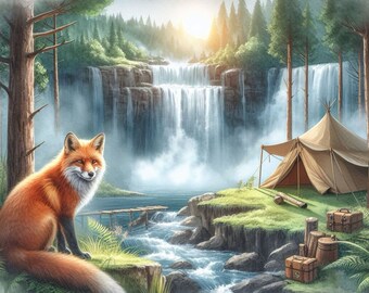 PDF Foggy Forest Camping Fox Waterfall Counted Cross Stitch Pattern, Landscape Instant Download Digital Format