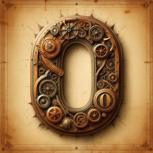 Pode incluir: Uma letra "O" em estilo steampunk, composta por engrenagens intrincadas e componentes mecânicos em tons de bronze e cobre. A letra está definida contra um fundo de pergaminho vintage com bordas decorativas, criando uma estética retro-futurista.