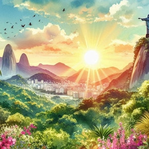 Puede incluir: Una vista panorámica de Río de Janeiro, Brasil, con la icónica estatua del Cristo Redentor en la cima del monte Corcovado. La ciudad está enclavada en los exuberantes valles verdes, con el sol poniéndose en el horizonte.