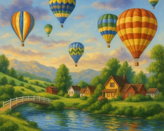 Patrón de punto de cruz de globos aerostáticos en PDF / Bordado de paisaje campestre colorido / Descarga digital instantánea para amantes del bordado