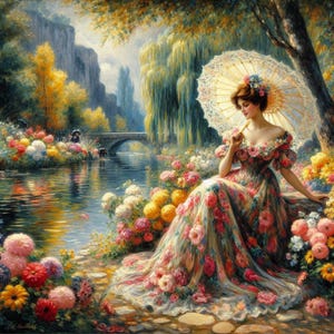 May include: A woman in a floral dress sits by a river, holding a white lace parasol. The scene is idyllic, with lush greenery, a stone bridge, and a clear blue sky.