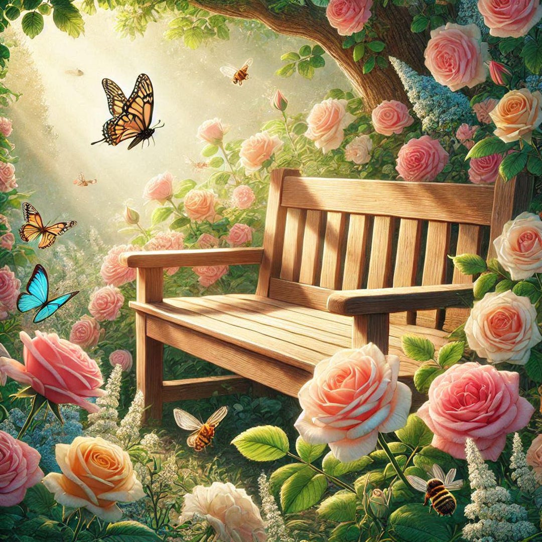PDF Bench in Garden, Roses Flowers, Counted Cross Stitch Pattern