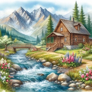 PDF Creek Haus, Cottage, Berge, Wildblumen, Kreuzstichmuster, Landschaft Sofortiger Download Digitales Format