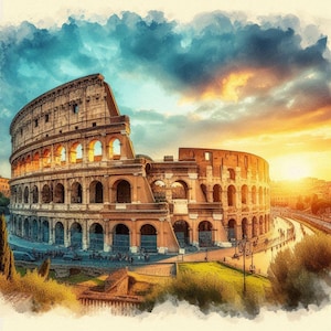 Puede incluir: Una pintura de acuarela del Coliseo en Roma, Italia, al atardecer. El antiguo anfiteatro romano es un destino turístico popular.