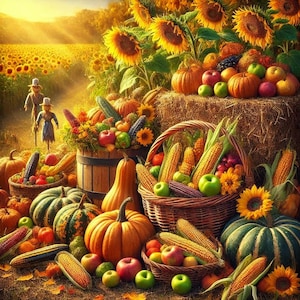 Patrón de punto de cruz contado de calabazas de cosecha en formato PDF, campo de otoño, girasoles, diseño de regalo, descarga instantánea en formato PDF, patrón de bordado a mano
