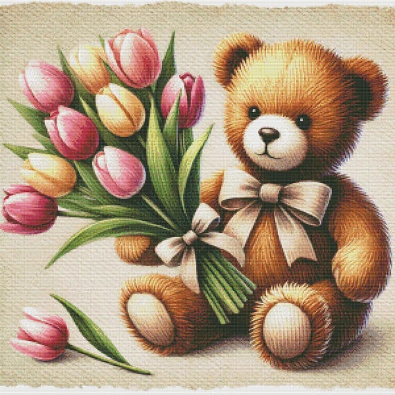 NEW✳︎teddy bear〜flower heart ポニーフック PDF Teddy Bear, Tulips Flowers, Counted Cross Stitch Pattern, Kids
