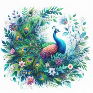 Peut inclure: Un paon vibrant avec une tête et un cou bleus, des plumes de queue vertes et bleues, et un corps rose et orange, entouré d'une végétation luxuriante et de fleurs délicates.