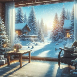 PDF Winter Fenster, Kreuzstichmuster, Dorf Cottage, Winterlandschaft, Berge, Schnee Wald Sofortiger Download digitale Vorlage