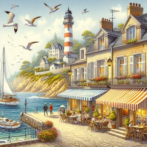 May include: A painting of a seaside town with a lighthouse, a cafe with striped awnings, and a sailboat in the harbor. The cafe has tables and chairs set up outside, and there are people sitting at the tables. The sky is blue and there are seagulls flying overhead.