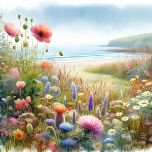 May include: A watercolour painting depicting a coastal scene with a field of wildflowers in the foreground. The flowers are in shades of pink, purple, blue, yellow, and white. The beach is in the background with a blue sea and a green hillside.