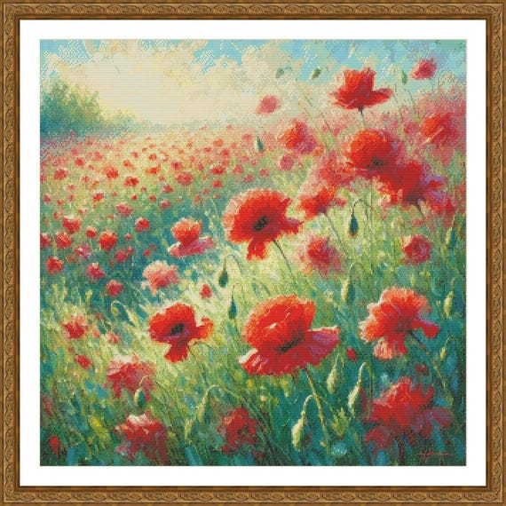 PDF Poppy Field, Counted Cross Stitch Pattern, Wildflowers, Summer