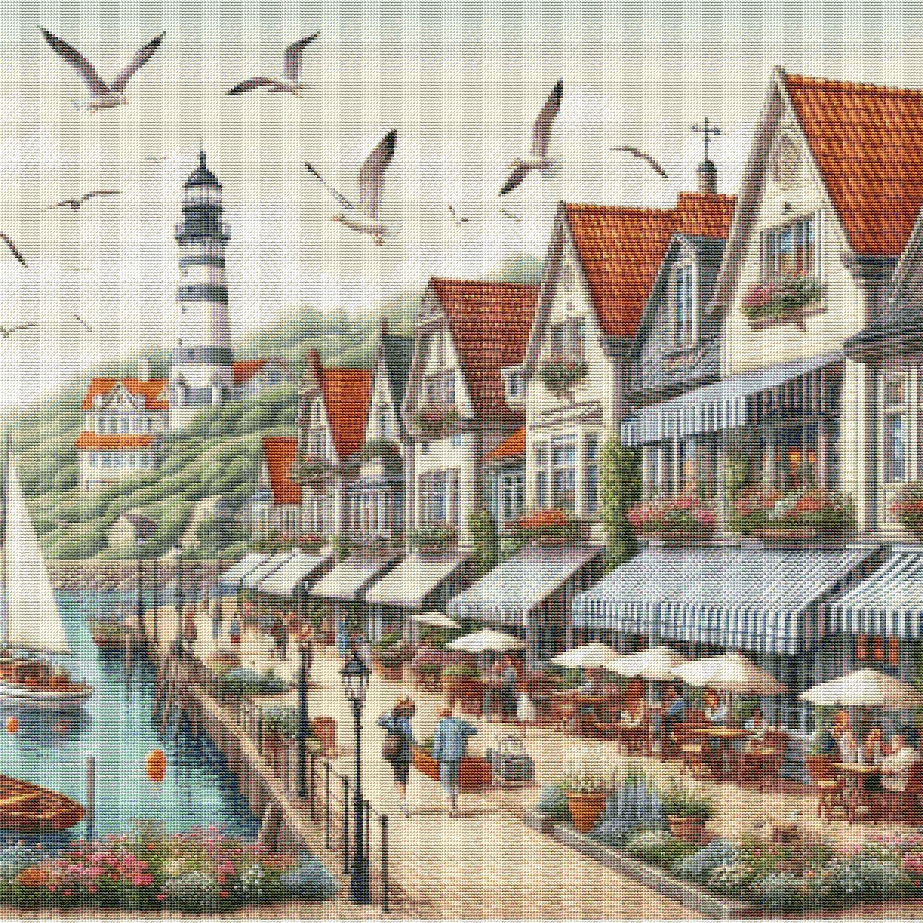 PDF Seaside Village, Counted Cross Stitch Pattern, Summer