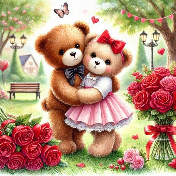 PDF Teddy Bears, Red Roses Flowers, Counted Cross Stitch Pattern