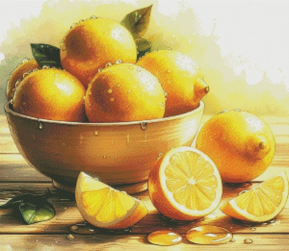 PDF レモン クロスステッチ パターン、静物画、即時ダウンロード