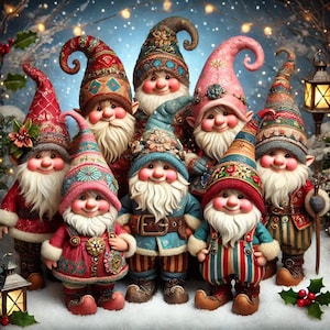 PDF Christmas Colorful Gnomes, Counted Cross Stitch Pattern, Christmas Tree, Christmas Eve, Winter Landscape Instant Download Digital Format