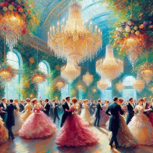 Puede incluir: Una escena de gran salón de baile con parejas bailando con atuendos elegantes. La sala está decorada con exuberante vegetación, candelabros brillantes y una gran lámpara de araña adornada que cuelga del techo.