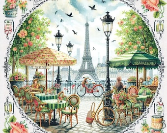 PDF Paris France Eiffel Tower Cafe Counted Cross Stitch Pattern, City Landscape Instant Download Digital format