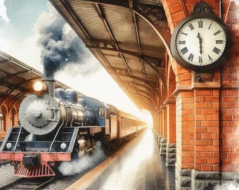 May include: Watercolor painting of a vintage steam train at a train station. The train is black and blue with a red front, emitting dark smoke. A large clock hangs on a brick wall. The station has a brick and wood structure.