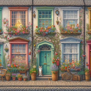 Puede incluir: Una hilera de casas coloridas con ventanas y puertas, cada una con una jardinera llena de flores en flor. Un gato se sienta frente a la puerta verde de la casa del centro.