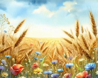 PDF Flores en campo de trigo patrón de punto de cruz contado, diseño de paisaje, formato digital de descarga instantánea