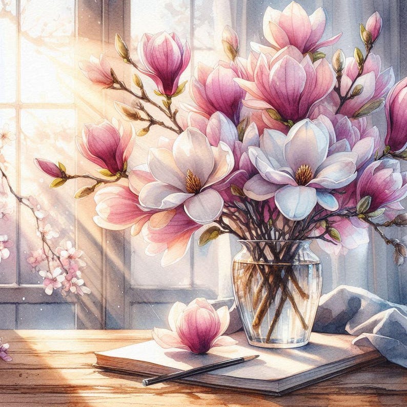 Peut inclure: Un bouquet de fleurs de magnolia roses et blanches dans un vase en verre transparent sur une table en bois avec un carnet et un crayon. Les fleurs sont dispos&eacute;es dans un vase avec une base en verre transparent et une surface textur&eacute;e. Le vase est pos&eacute; sur une table en bois avec un carnet et un crayon.