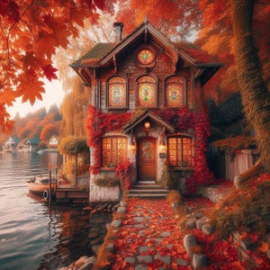 PDF Autumn Lake House Counted Cross Stitch Pattern, Fall Landscape Instant Download Digital Format
