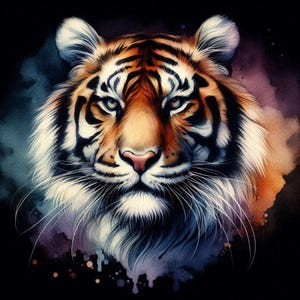 Puede incluir: Pintura a la acuarela de la cara de un tigre, con pelaje naranja, negro y blanco. El tigre tiene una nariz rosada y ojos penetrantes. El fondo presenta salpicaduras de azul, morado y naranja, creando un efecto vibrante.