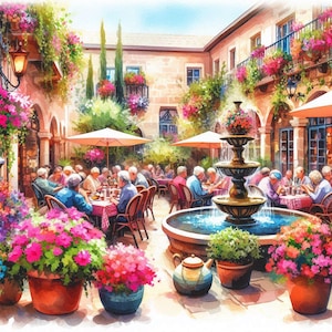 PDF Mediterranean Cafe Scene, Counted Cross Stitch Pattern, Garden Flowers, Summer Landscape, Instant Download Digital Format