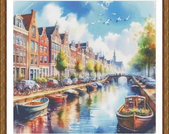 PDF Amsterdam Counted Cross Stitch Pattern, Amsterdam Canal Cross Stitch, Netherlands design, European city Instant Download Digital format