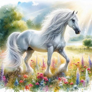 PDF paard wit, geteld kruissteekpatroon, zonnestralen, warme zomerdag, wild dier, zomerlandschap, bloemen, instant download digitaal