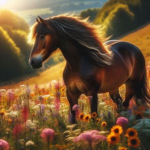 PDF paardbruin, geteld kruissteekpatroon, zonnestralen, warme zomerdag, wild dier, zomerlandschap, bloemen, instant download digitaal