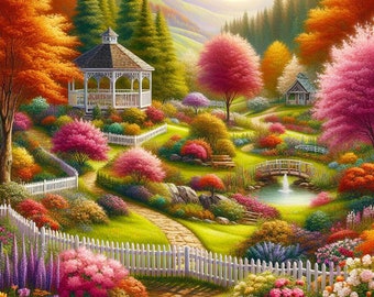 PDF Country Garden Counted Cross Stitch Pattern, Landscape design, Instant Download Digital Format