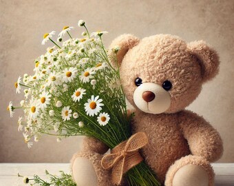 PDF Teddy Bear, Camomiles Flowers, Counted Cross Stitch Pattern, Kids Room Decor, Cozy Room, Children Toys, Digital Chart, Instant Download