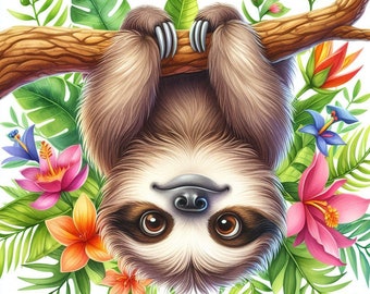 May include: A watercolor illustration of a sloth hanging upside down from a brown branch. The sloth has brown fur and large, expressive eyes. Colorful tropical flowers and green leaves surround the sloth, creating a vibrant, cheerful scene.