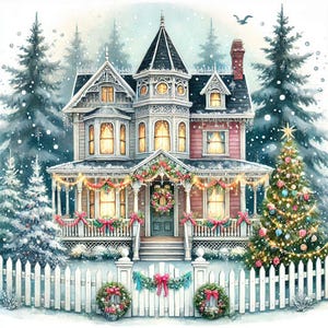 Könnte beinhalten: Ein weißes Haus im viktorianischen Stil mit roten Verzierungen, das für Weihnachten geschmückt ist. Das Haus hat eine große Veranda mit Kränzen und Lichtern. Ein schneebedeckter Lattenzaun umgibt den Garten. Ein Weihnachtsbaum mit Kugeln und Lichtern steht im Vorgarten.