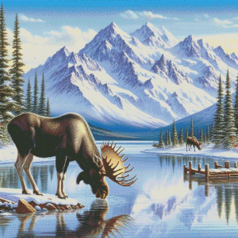May include: A large brown moose with antlers drinks from a frozen lake in front of a snowy mountain range. The lake is partially frozen and there is a wooden dock in the background.