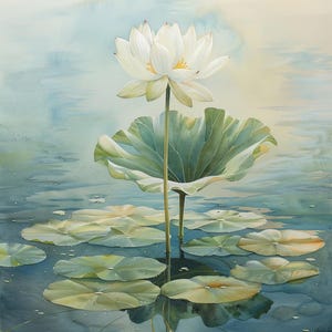 May include: Watercolor painting of a white lotus flower with a yellow center, rising above green lily pads in a pond. The water reflects the flower and pads, with a soft blue and yellow sky in the background.