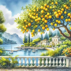 Könnte beinhalten: Aquarellmalerei einer italienischen Landschaft. Ein Zitronenbaum voller gelber Früchte hängt über einem See mit Booten. Weiße Gebäude und Berge sind im Hintergrund. Eine weiße Balustrade befindet sich im Vordergrund.