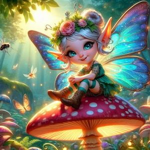 Puede incluir: Un hada caprichosa con alas azules y una corona de flores se sienta en un hongo rojo y blanco. El hada lleva un vestido verde y tiene una dulce expresión en su rostro.