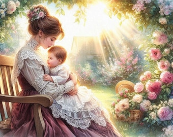 May include: A woman in a long, lace-trimmed dress holds a young child in her arms. The woman is sitting on a wooden bench in a garden setting. The child is wearing a white dress with lace trim. The background is a lush garden with flowers in bloom.