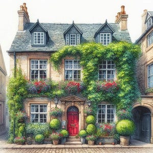 May include: A charming, ivy-covered brick house with a red door and a stone walkway. The house has multiple windows and is surrounded by lush greenery.