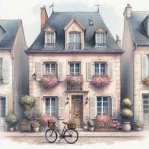 Könnte beinhalten: Ein Aquarellbild eines charmanten, hellrosa, dreistöckigen Hauses mit weißen Fensterläden und einem schwarzen Fahrrad davor. Das Haus hat einen Balkon mit einem schmiedeeisernen Geländer und ist von üppigem Grün umgeben.