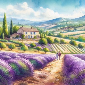 Könnte beinhalten: Ein Aquarellgemälde, das ein Paar zeigt, das durch ein Feld mit Lavendelblüten geht. Das Paar geht auf einem Feldweg, und die Lavendelblüten stehen in voller Blüte. Im Hintergrund befindet sich ein kleines Haus und ein sanfter Hügel.